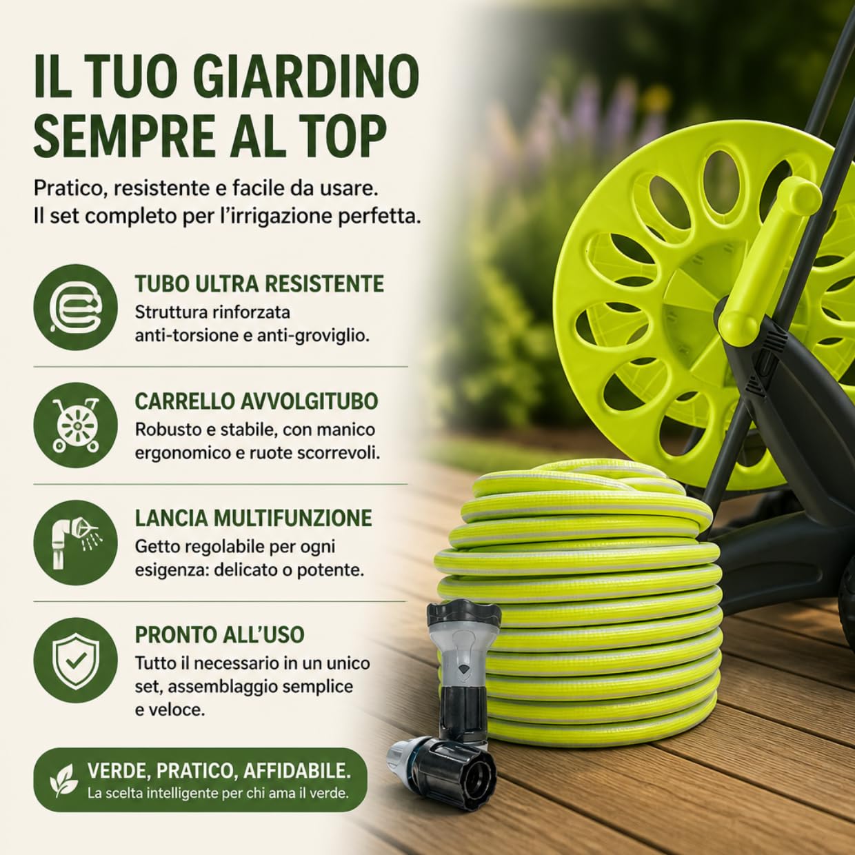 Idroeasy, Kit Carrello Avvolgitubo da Giardino con Tubo Acqua Giardino 30 Metri Superleggero 5/8" (18 bar) – Canna Acqua Anti-Nodo con Doccetta 6 Funzioni e Raccordi, Porta Tubo Made in Italy