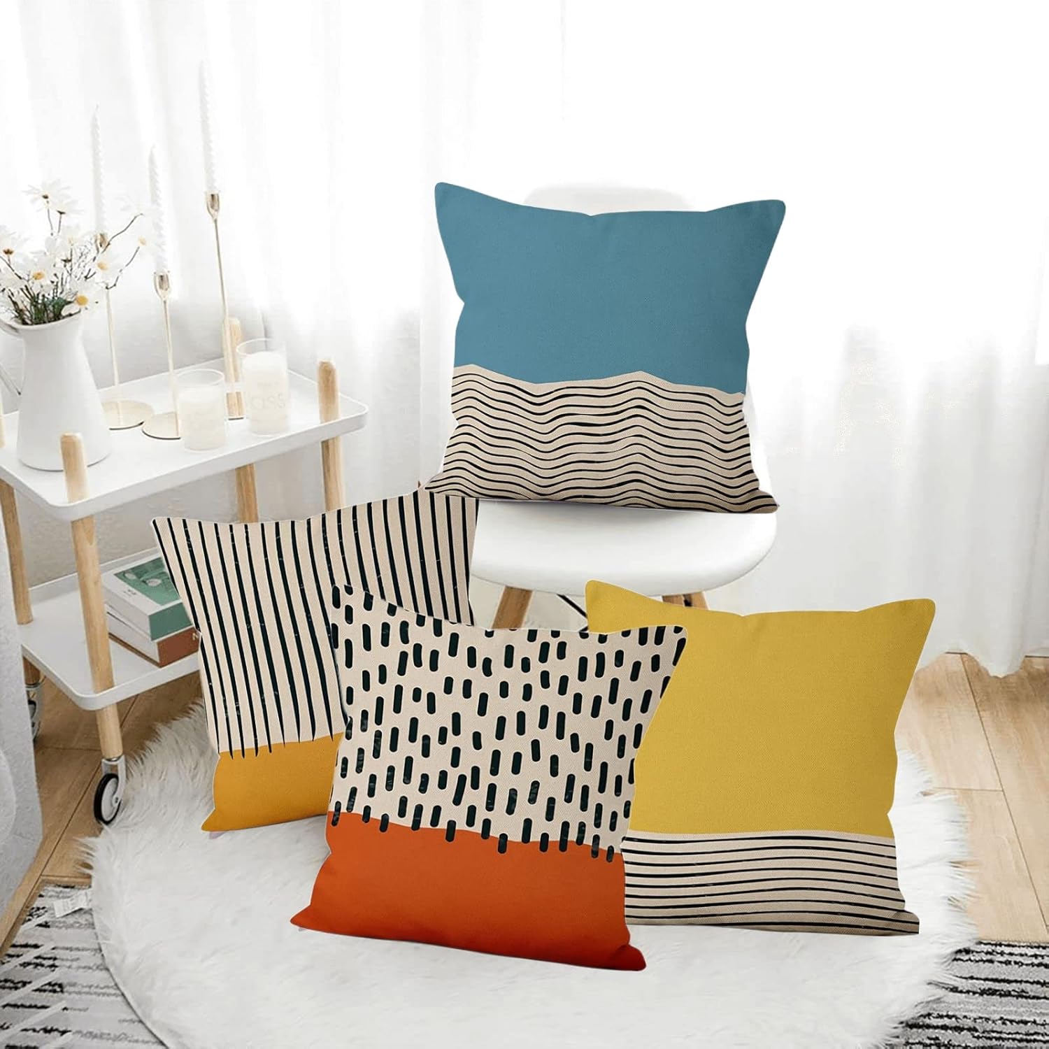 Beiyongde Mid Century Modern Pillow Covers 18x18 Inch Set of 4 Modern Abstract Decorative Linen Throw Cover Watercolor Blue Yellow Orange Couch Cushion Case for Bedroom Sofa Outdoor (100000)