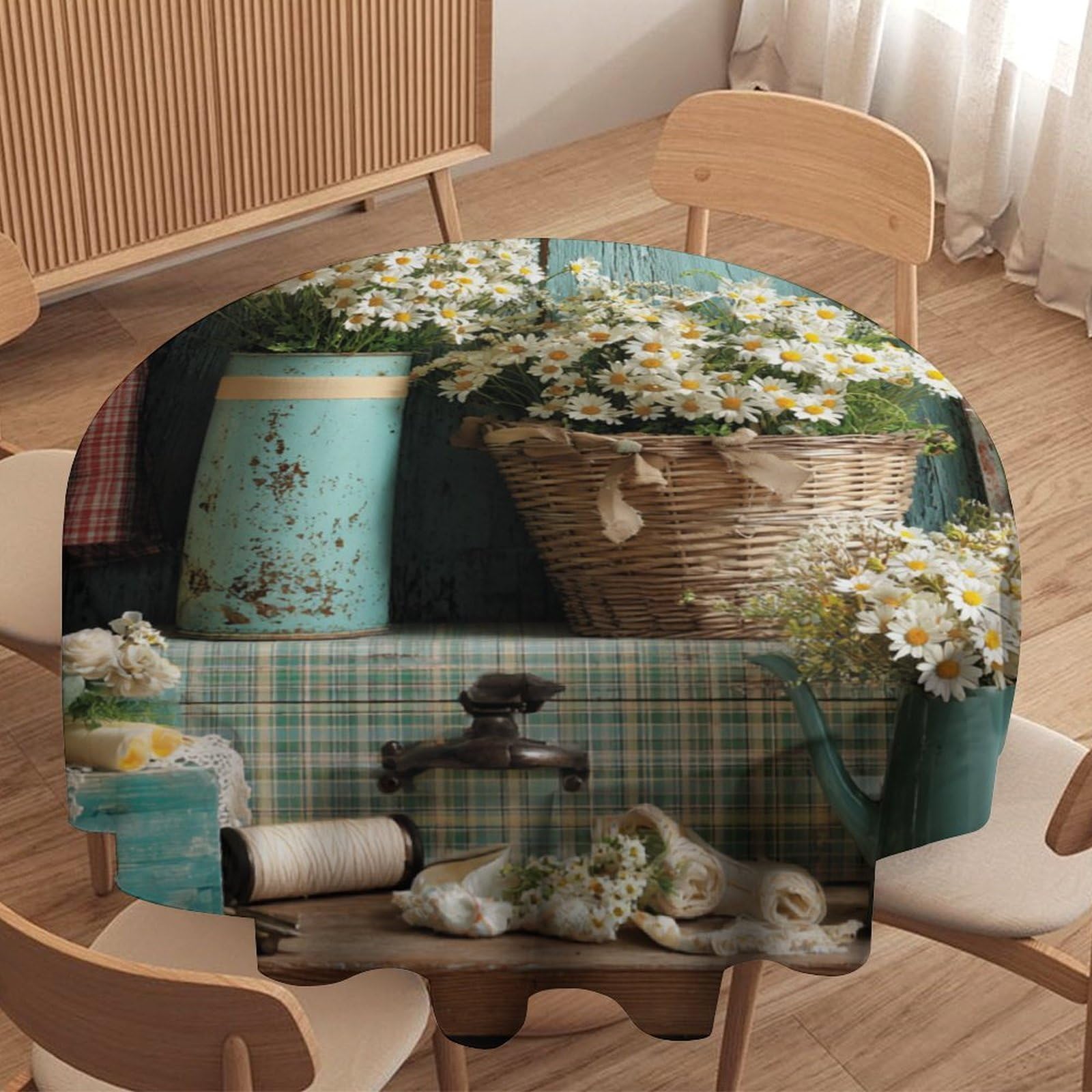 LUYYSKY Rustic Modern Daisy Flowers Waterproof Round Tablecloth Retro Oil Painting Country Farm Farmhouse Daisies Floral Washable Table Cover for Kitchen-127 Wx127 L cm