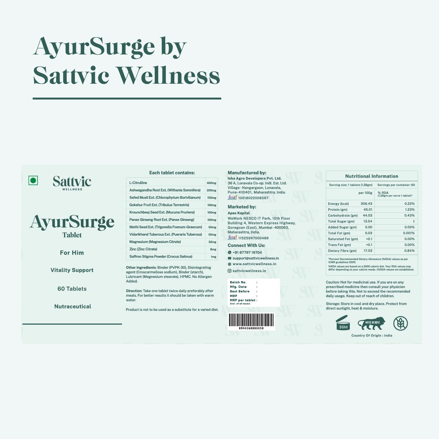 AyurSurge by Sattvic Wellness | Testosterone Support | Male Vitality Supplement | 11 Key Ingredients in Each 1.28g Tablet - L-Citrulline, Ashwagandha, Safed Musli, Gokshura, Panax Ginseng, Krounchbeej, Methi, Vidarikhand, Magnesium, Zinc and Saffron | Boosts Stamina, Energy & Confidence | 60 Tablets — Amazon image 6