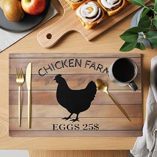 Farm Chicken Vintage Brown Plank Placemats Set of 4 Washable Table Mats for Holiday/Wedding Party, Indoor Place Mats Watercolor Wooden Grain Kitchen Dining Tabletop Decoration Placemat, 13x19IN