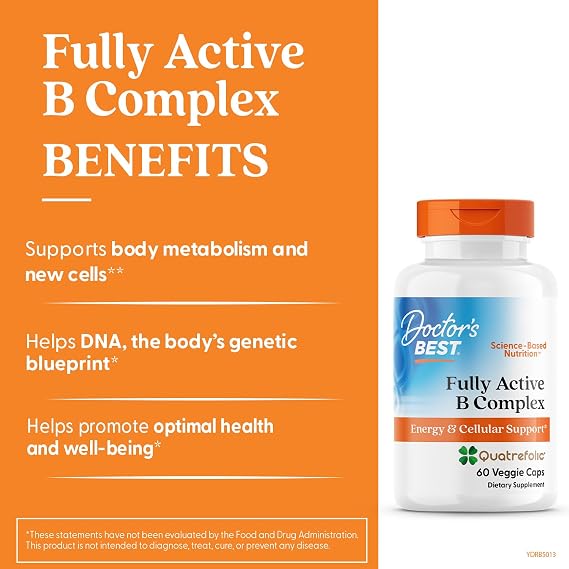 Doctor's Best Fully Active Vitamin B Complex Supplement for Men & Women - Super Complex with Methylated B12 & Folate, B6, Biotin, Pantothenic Acid, More, Energy Support Caps - 60 Veggie Capsules