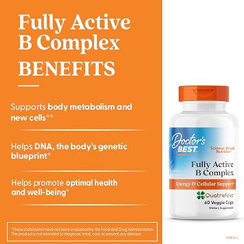 Doctor's Best Fully Active Vitamin B Complex Supplement for Men & Women - Super Complex with Methylated B12 & Folate, B6, Biotin, Pantothenic Acid, More, Energy Support Caps - 60 Veggie Capsules