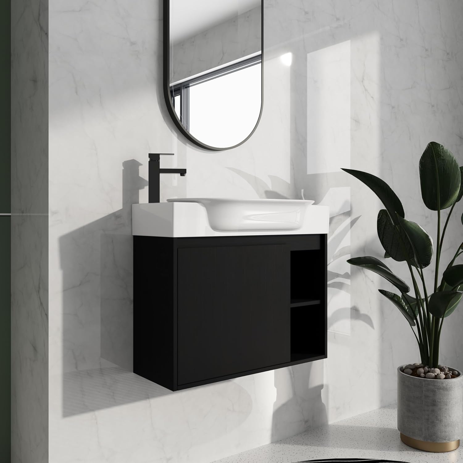 28 Inch Bathroom Vanity with Sink, Floating Bathroom Sink Cabinet, 28 Inch Small Vanity, Ample Storage Space, Easy to Clean Surface, One Door & Two Open Storage compartments, Black