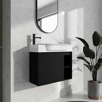 28 Inch Bathroom Vanity with Sink, Floating Bathroom Sink Cabinet, 28 Inch Small Vanity, Ample Storage Space, Easy to Clean Surface, One Door & Two Open Storage compartments, Black