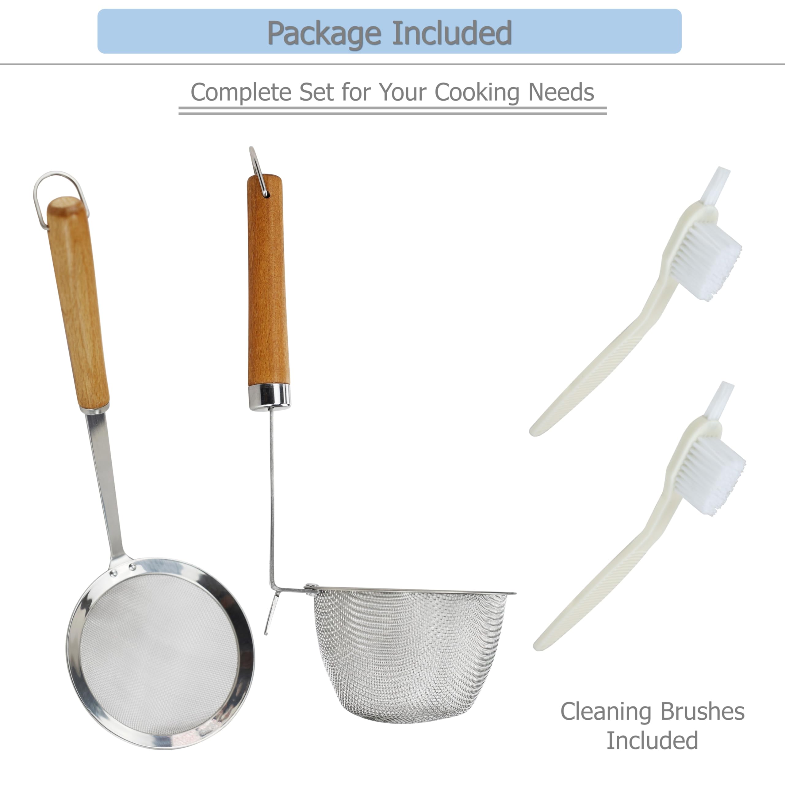 EIKS Stainless Steel Skimmer Spoon & Small Size Hot Pot Strainers with Wooden Handle and Cleaning Brushes for Filtering Straining Cooking Baking