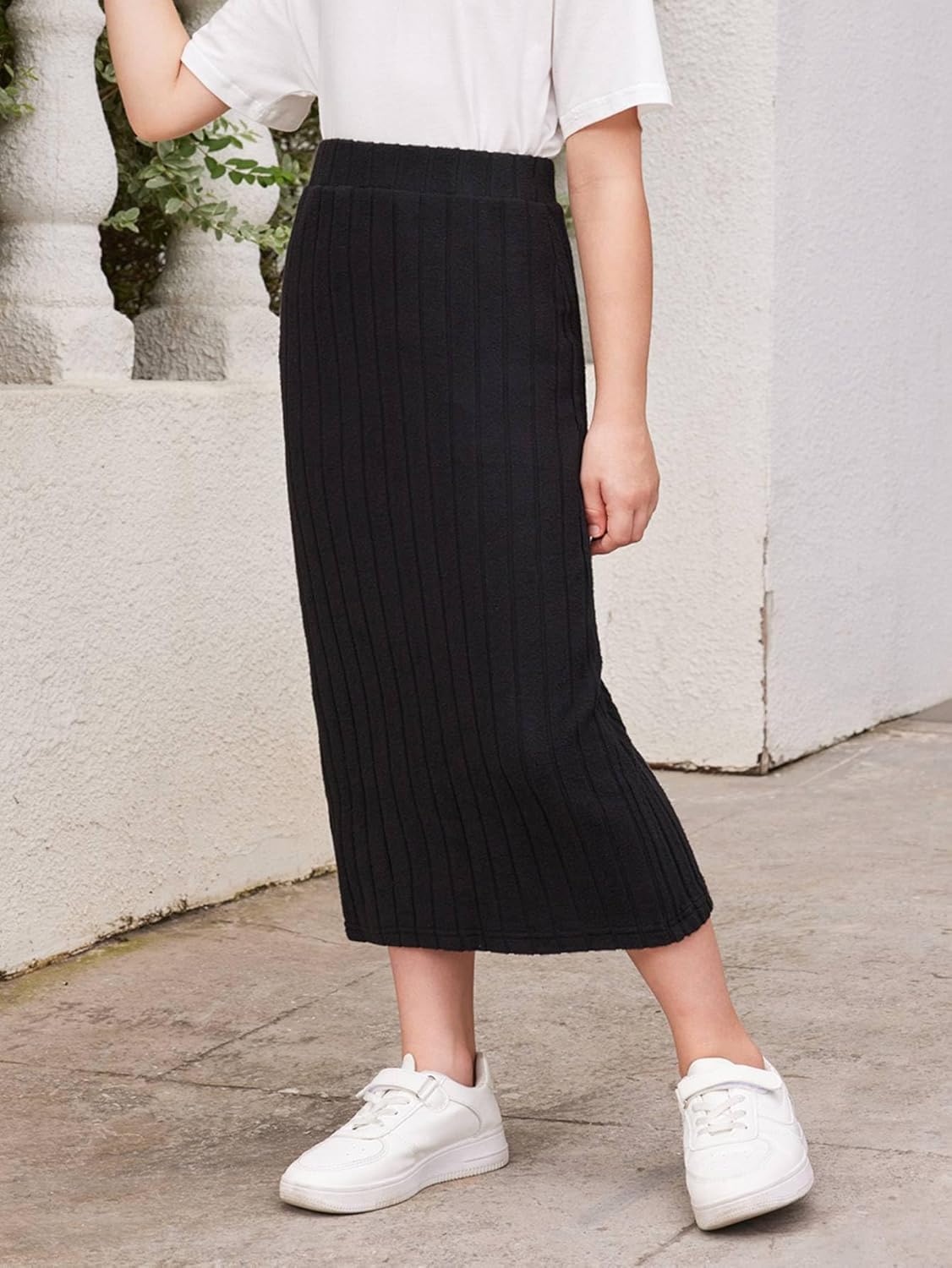 Milumia Girl's Rib Knit Split Thigh Long Skirt Elastic Waist Solid Pencil Skirts - Image 5