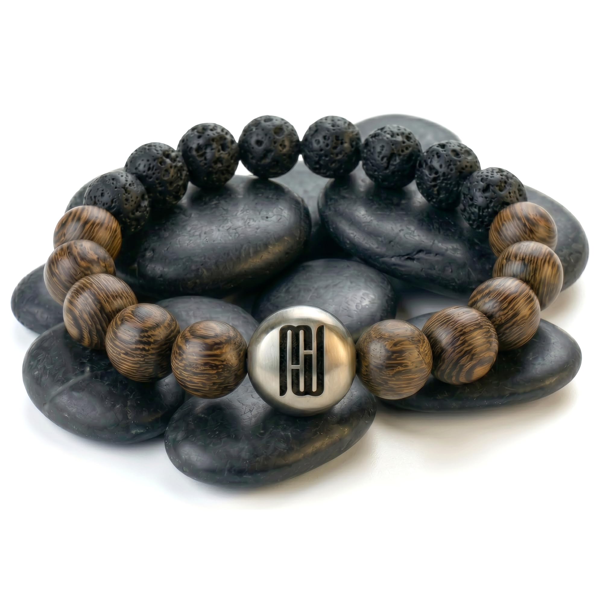 Perlenarmband Herren 10mm Edelstahl Naturstein Holz handgemacht in DE | Einzigartig reißfest & langlebig dank 2mm Elastikband, 888 Tage Garantie, edle Geschenkbox, gemeinnützige Spende