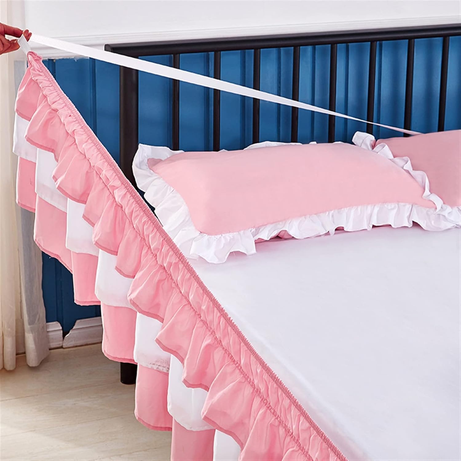 Liveinu Triple Layer Wrap Around Ruffled Bed Skirt,15 Inch Drop Easy to Put On Bedskirt Elastic Dust Ruffle Bed Frame Cover for Twin, Queen,King and Full Size Beds Pink White Queen