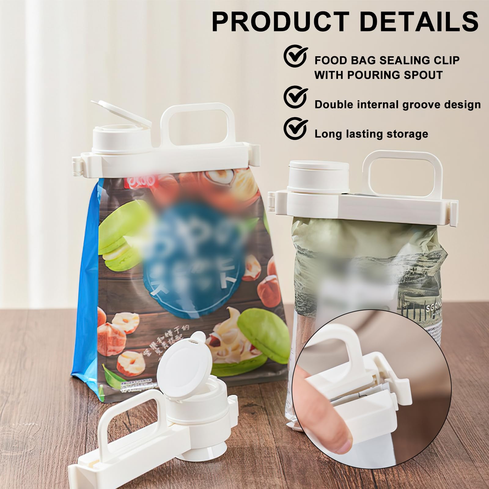 APOMOONS Verschlussclips Mit Ausschütter – 17 Cm, PP, Weiß, Spülmaschinenfest – Für Kaffee, Mehl, Snacks & Mehr