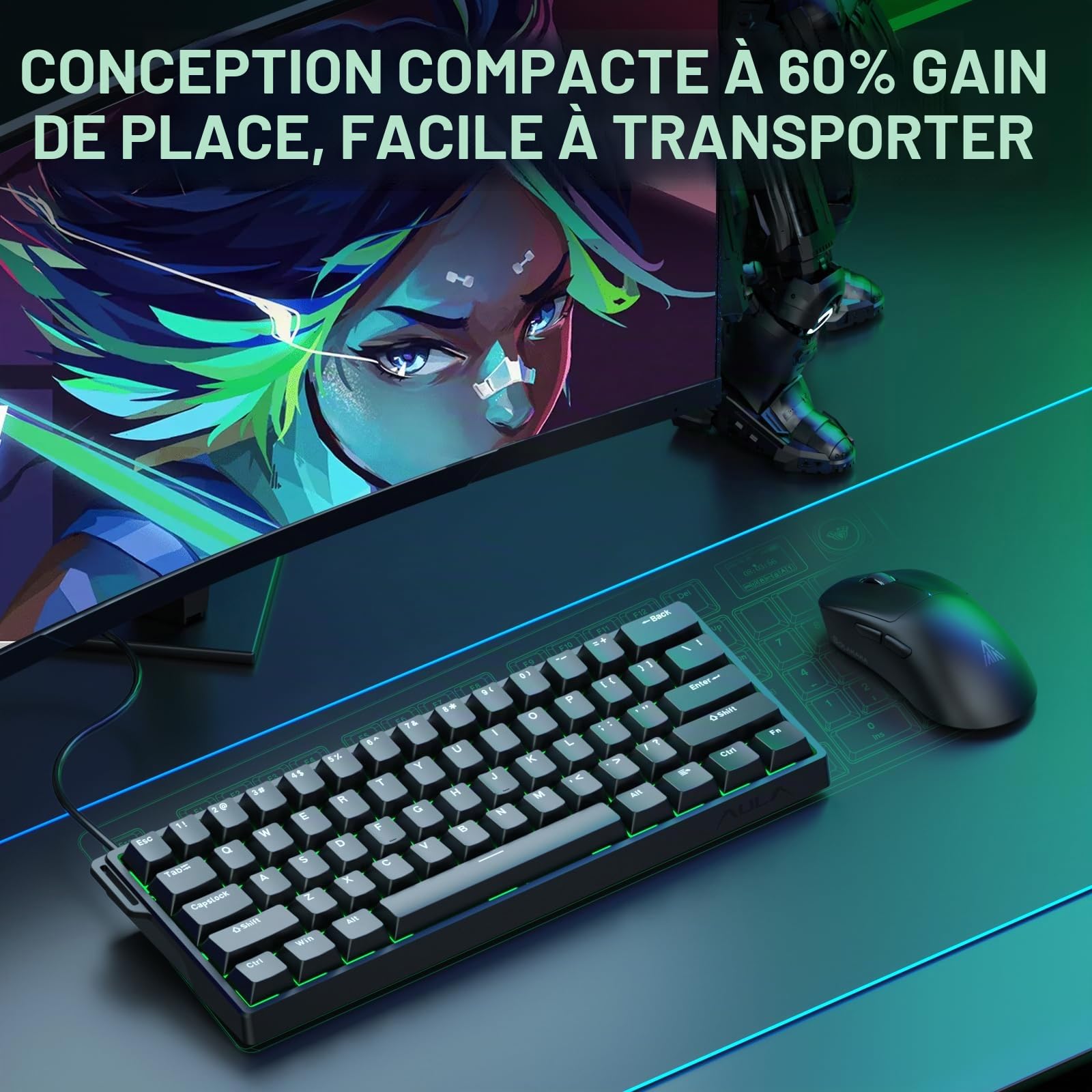 Aula WIN60 HE - Clavier de jeu mécanique filaire 60%, interrupteur magnétique, activation réglable, déclenchement rapide, taux d'interrogation de 8000 Hz, clavier RVB compact