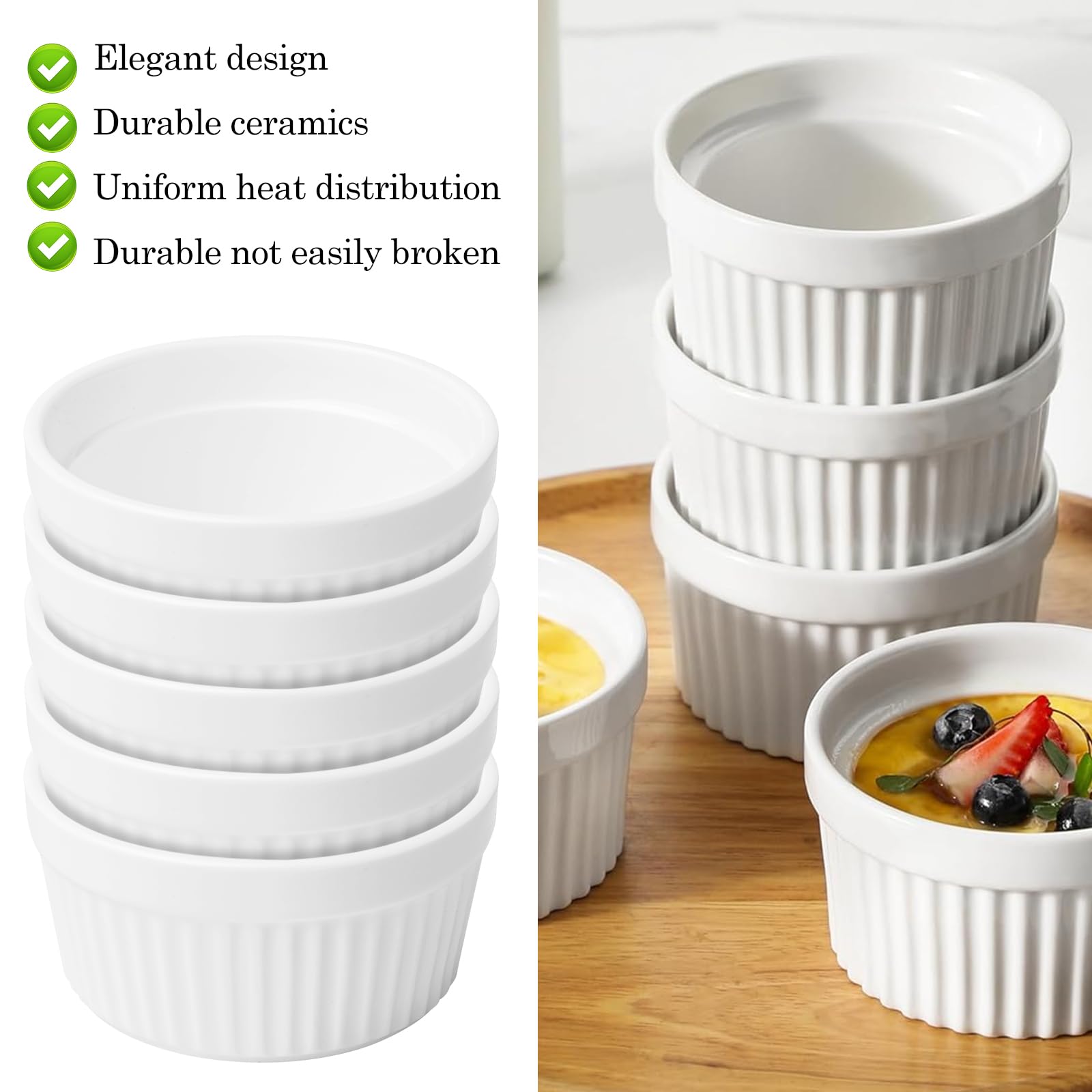 Juego de 6 cuencos para soufflé de 160 ml, de cerámica, para souffle, para souffle, postre, para cocina, lavavajillas, diámetro de 9 cm, color blanco