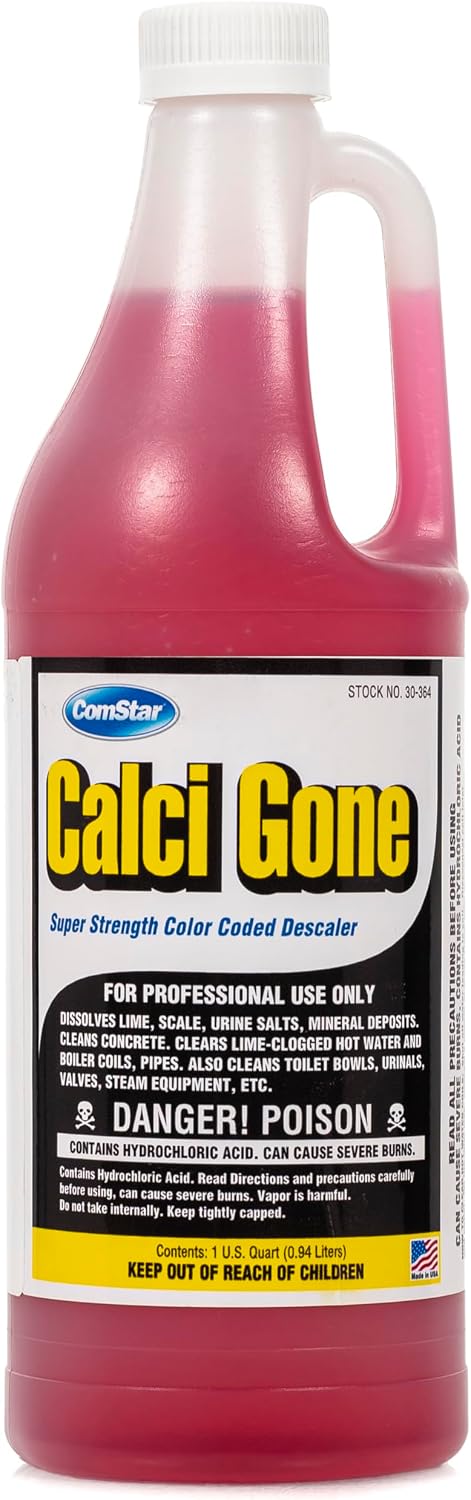 Calci Gone, 1 Quart, Super Strength Industrial Descaler, Color Coded Cleaning Solution for Fast Lime & Scale Removal, Dissolves Mineral Deposits, Cleans Rust & Concrete (30-364)