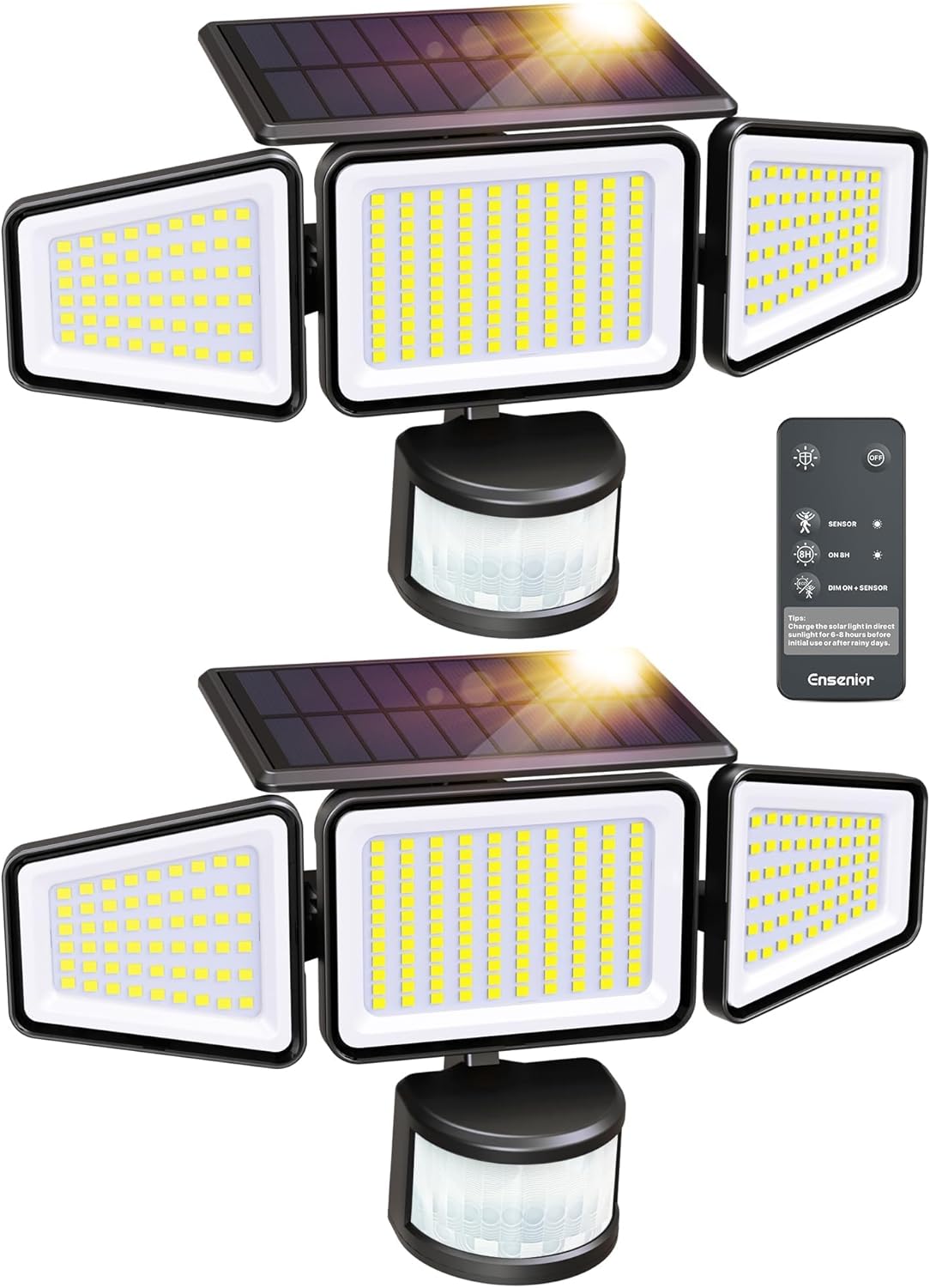 Ensenior Photo voltaic Movement Lights Outside, 228 LED Photo voltaic Safety Lights with Distant Management, IP65 Waterproof 3 Heads Flood Mild with 4 Modes, 270° Large Angle Movement Sensor Mild Outdoors – 2 Packs