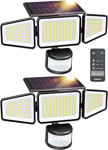Ensenior - Luces solares de movimiento para exteriores, 228 luces LED de seguridad solar con control remoto, IP65 impermeable, 3 cabezales de luz de