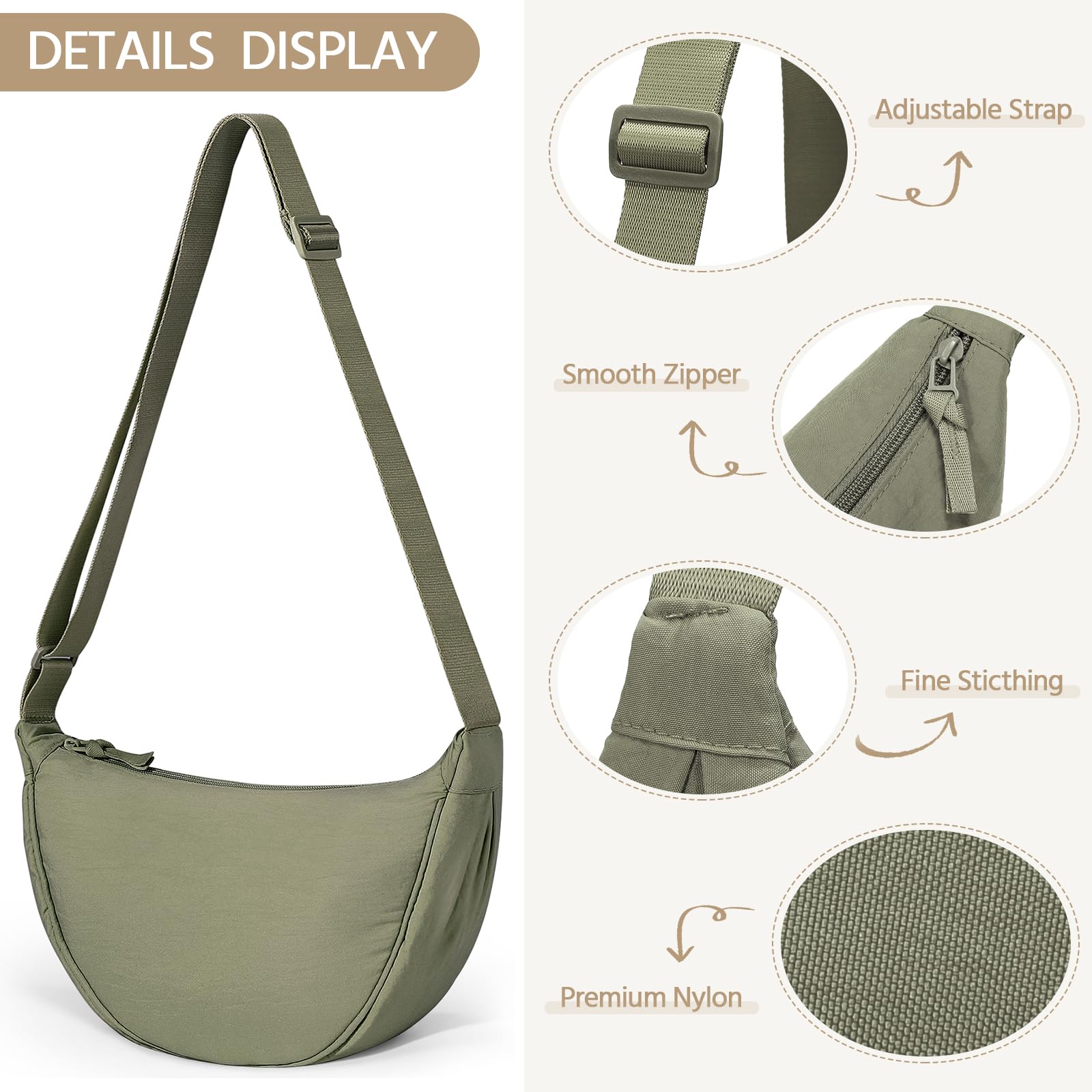 Yuson Girl Borsa a Tracolla da Donna a Mezza Luna Halfmoon Borse a Spalla con Tracolla Regolabile Tinta unita Hobo Bag in Nylon Crossbody Bag per Shopping Viaggio Festa Lavoro