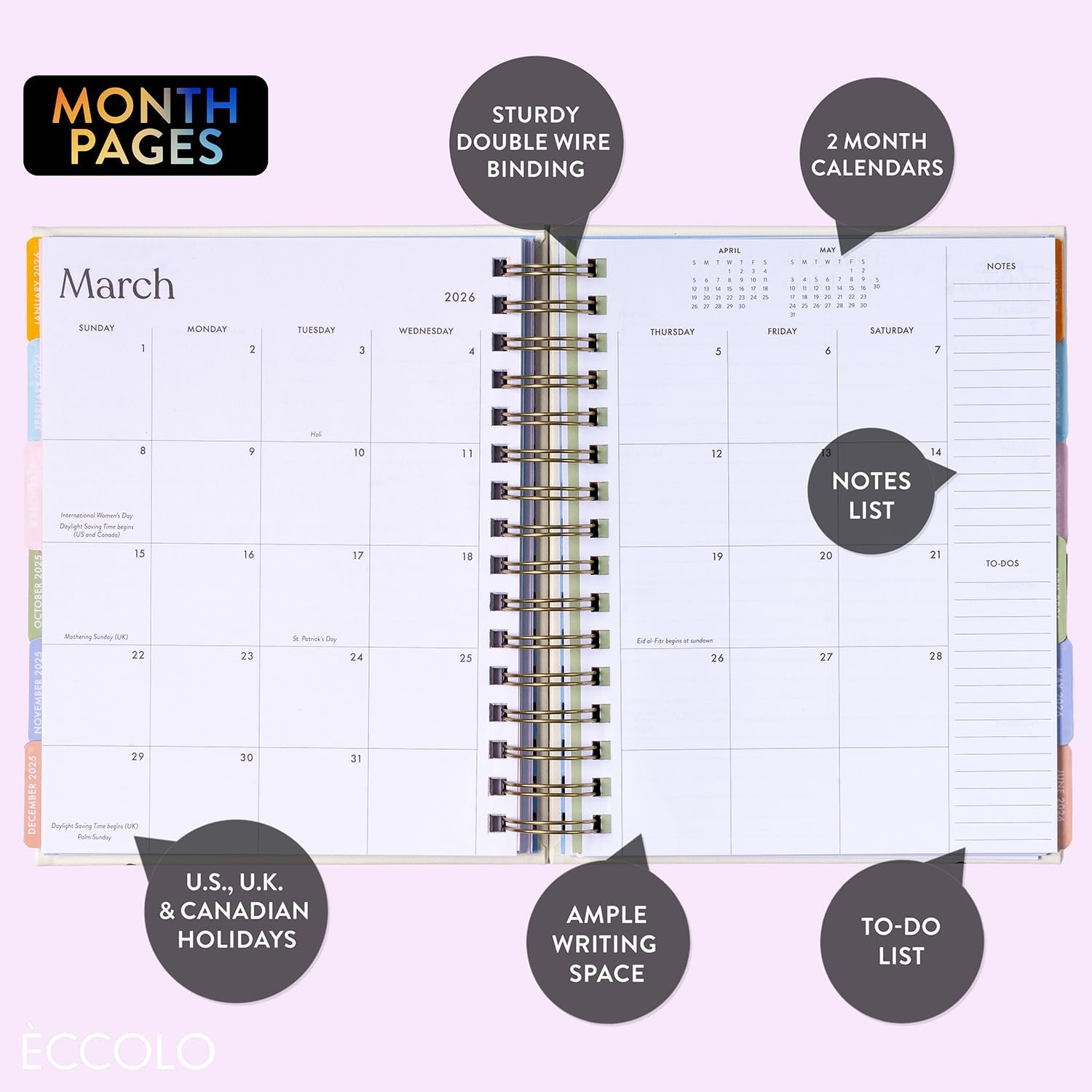2025-2026 Eccolo Spiral Agenda Planner, Blue Gold Lines, Weekly & Monthly Pages, 18 Months, Sticker Sheets, Inspirational Quotes (7.75 x 8.75, July 2025 - Dec 2026)