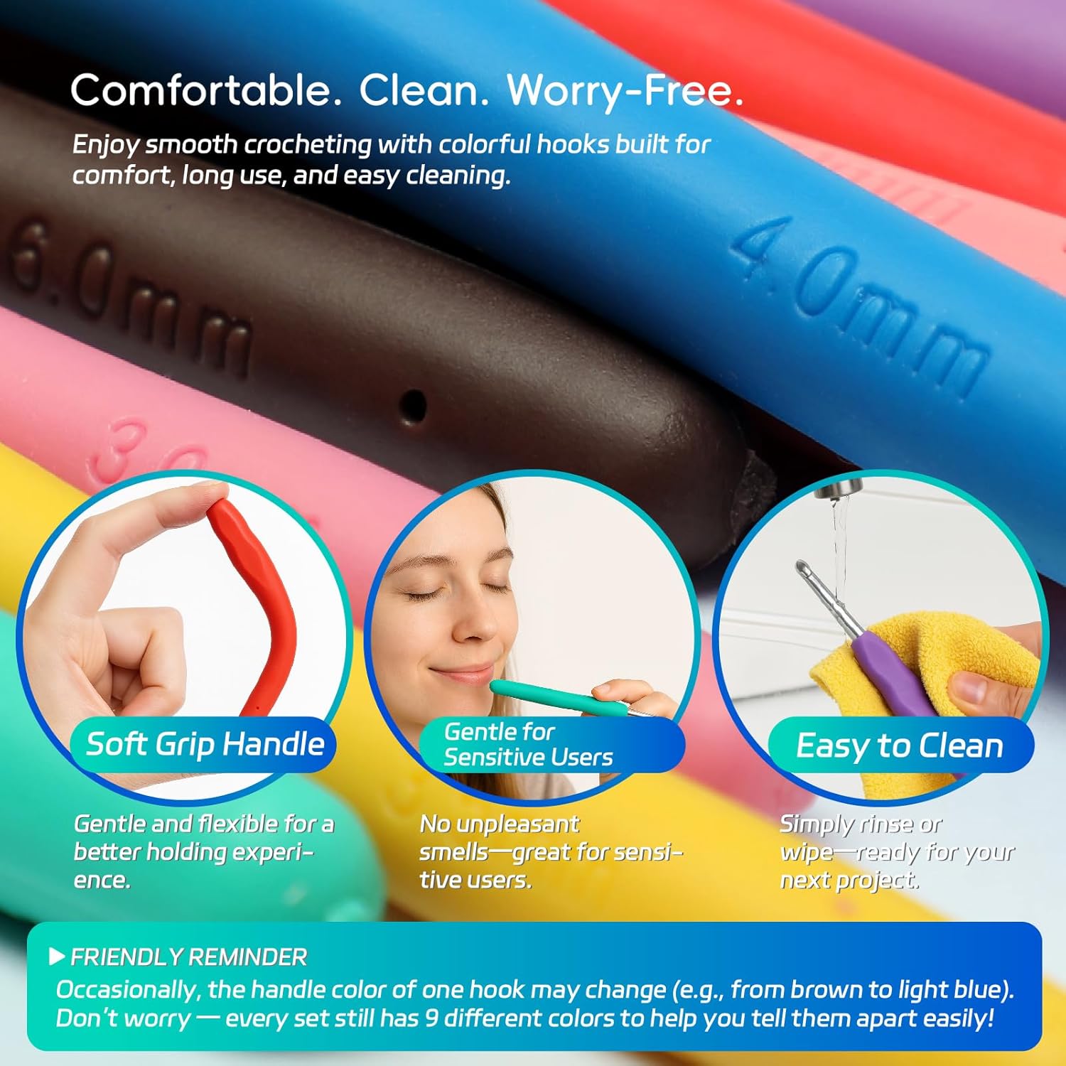 9PCS Ergonomic Crochet Hooks Set by Flickzo – Aluminum Crochet Hook Set with Soft Silicone Handles (2-6mm), Crochet Kit for Beginners with Crochet Tools & Knitting Accessories thumbnail