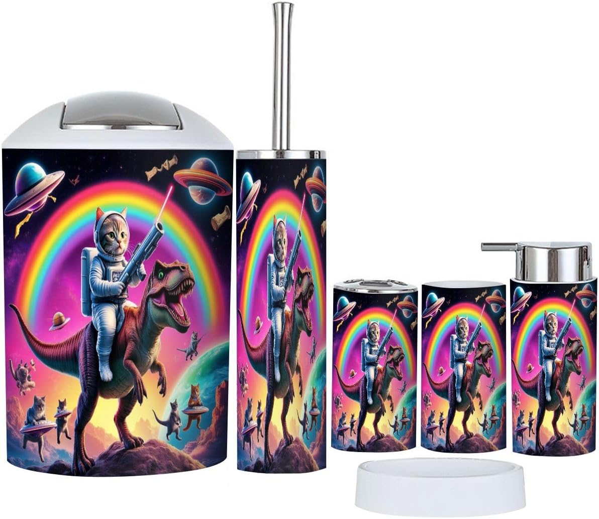 Bathroom Accessories Set 6 Pcs Funny Cat Dinosaur Fun Colorful Space Cats Fantasy Galaxy Universe Toothbrush Holder Cup Soap Dispenser Soap Dish Toilet Brush Holder Trash Can for Countertop Decor