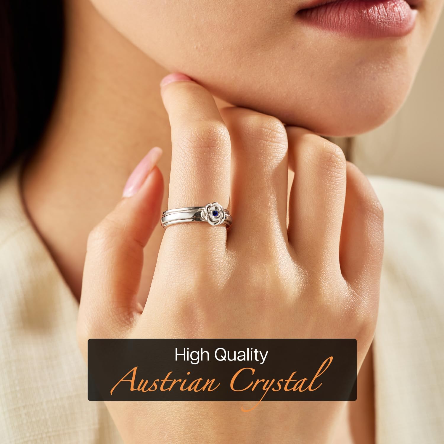 ENERGY STONE 925 Sterling Silver Fidget Ring | ROSE | Sculptured Rose Spinner Top | Austrian Crystal | Stackable Spinner Ring | Timeless Beauty | Anxiety Relief