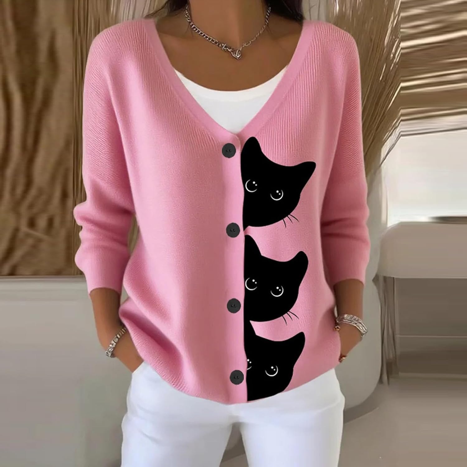 Women's Halloween Fun Black Cat Print Cardigan Sweater, Cat Sweaters for Women, Cats Cardigan - Image 3