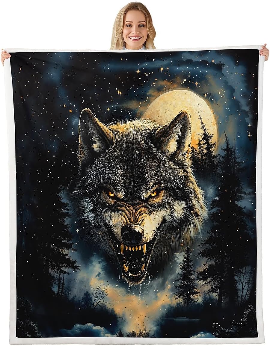 Castle Fairy Running Wolf Blanket Twin 60x80 Wildlife Animal Blanket for Boys Girls Western Countryside Sherpa Blanket 3D Wolves Blanket Living Room Decor