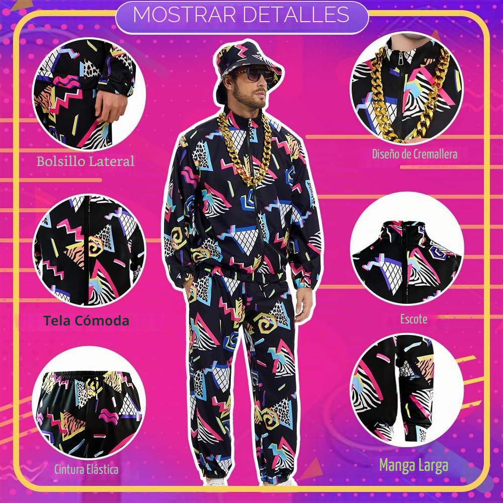 Traje deportivo retro de los años 80 para hombre, disfraz de los años 90, para Halloween, carnaval, trotar, traje deportivo, disfraz de Badass, 8 piezas