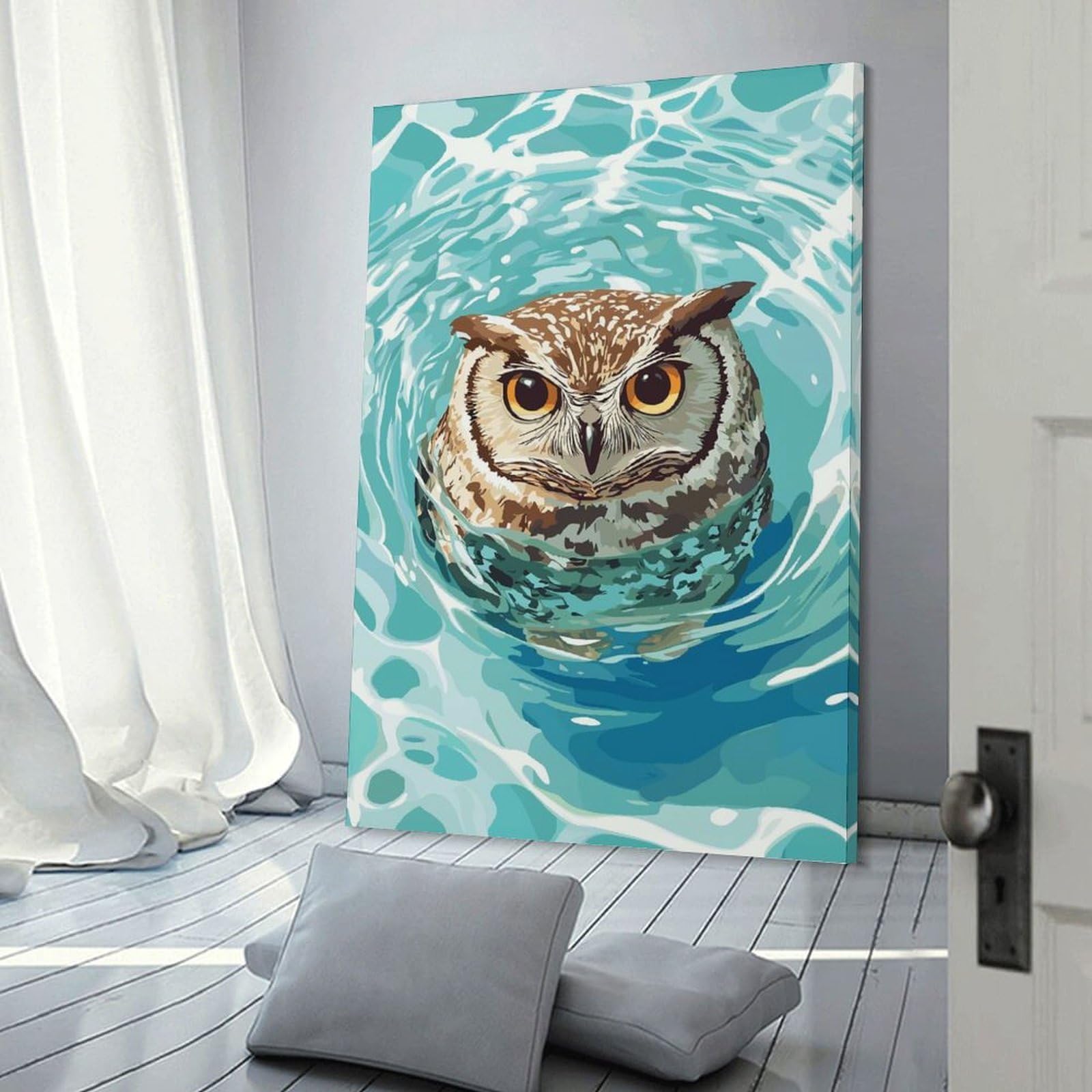 Junmoney Owl Swimming in Blue Water Canvas Wall Decor, 24x36inch(60x90cm), for Bedroom, Guest Room Or Reading Nook, Canvas Wall Decor for Personal Spaces