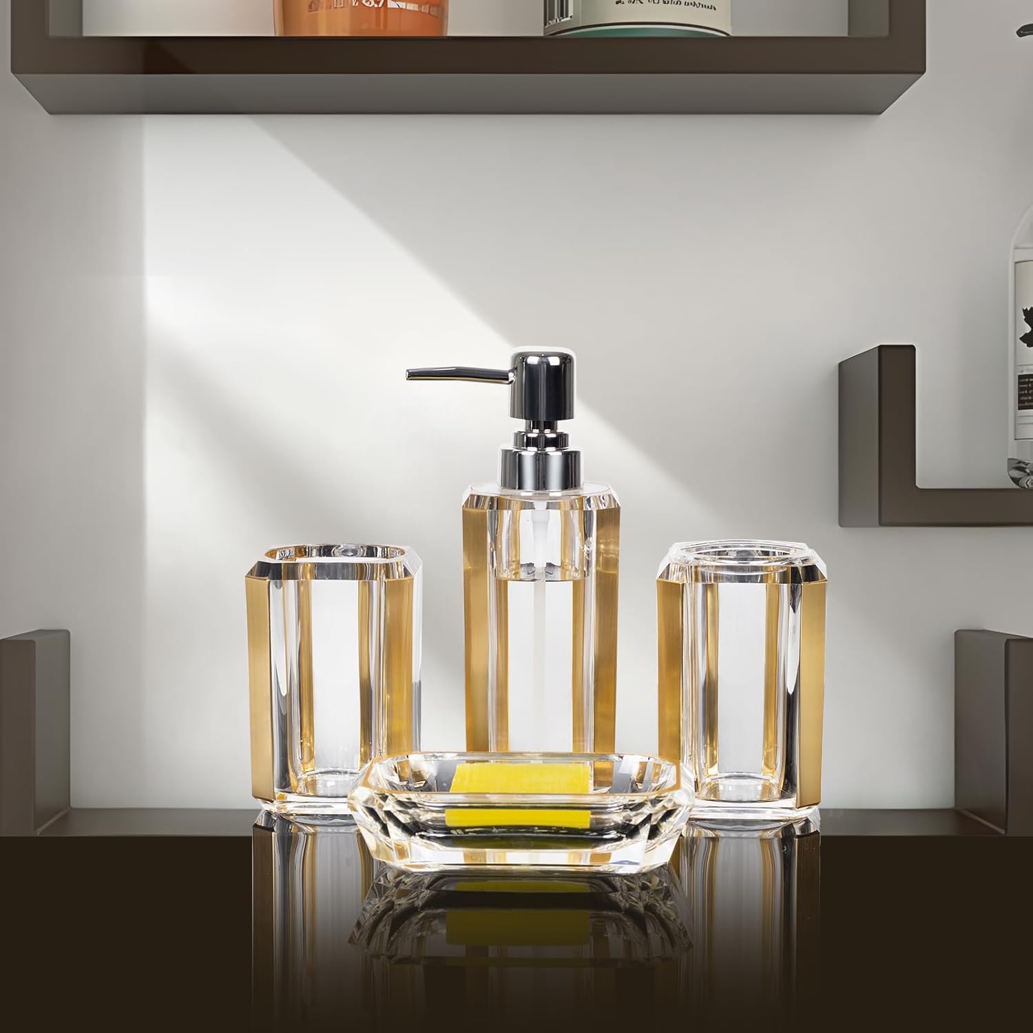 4-Piece Gold Bathroom Accessories Set — Soap Dispenser, Soap Dish, Mouthwash Cup & Toothbrush Holder, Acrylic with Brushed Gold Accent, Luxury Bathroom Vanity Countertop Organizer for Home
