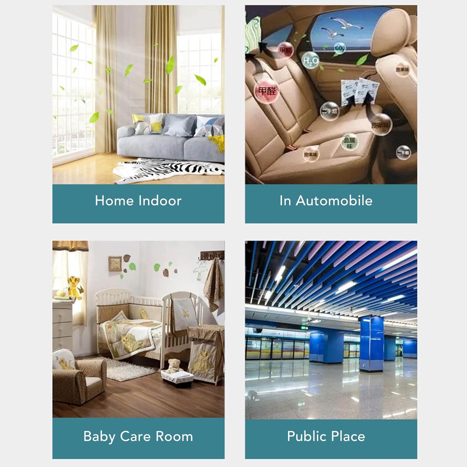 Four panels showing the air quality monitor being used in different environments: home indoor, automobile, baby care room, and public place.