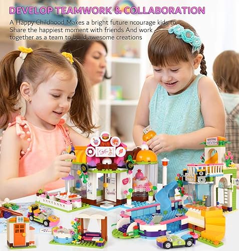 Miniatura 6 de Kit de construcción de 1140 piezas para fiestas de verano en la piscina, cafetería, bloques de construcción de casa STEM Creative Friends con caja