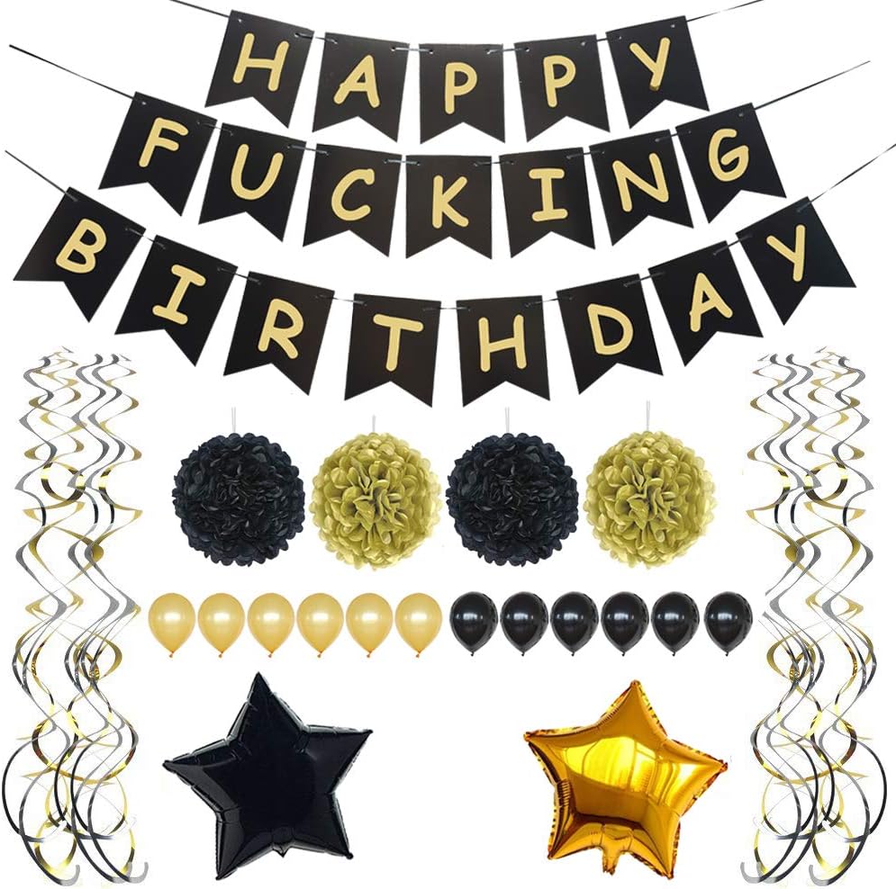 CrzPai Black and Gold Party Decorations Happy Fking Birthday Bunting Banner Sign, 30th, 40th, 50th, 60th, 70th, 75th, 80th, 90th Birthday Party Supplies Favors for Girl Boy Men Women Adult (Black)