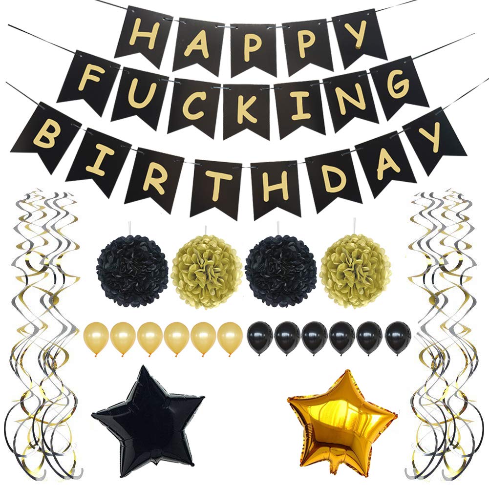 CrzPai Black and Gold Party Decorations Happy Fking Birthday Bunting Banner Sign, 30th, 40th, 50th, 60th, 70th, 75th, 80th, 90th Birthday Party Supplies Favors for Girl Boy Men Women Adult (Black)
