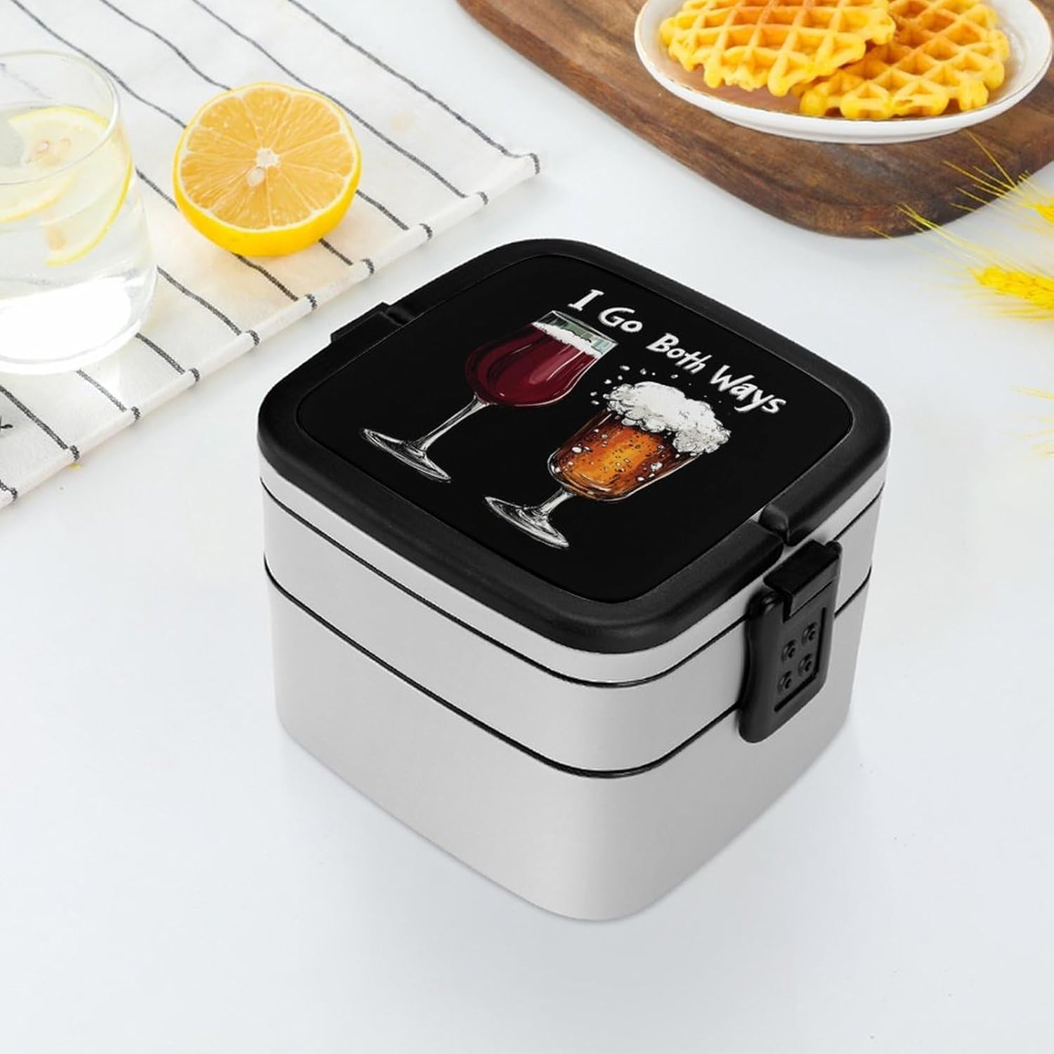 I Go Both Ways Wine Beer Bento Box with Spoon 2 Layer Food Container Cute Lunch Box for Travel Dining Work