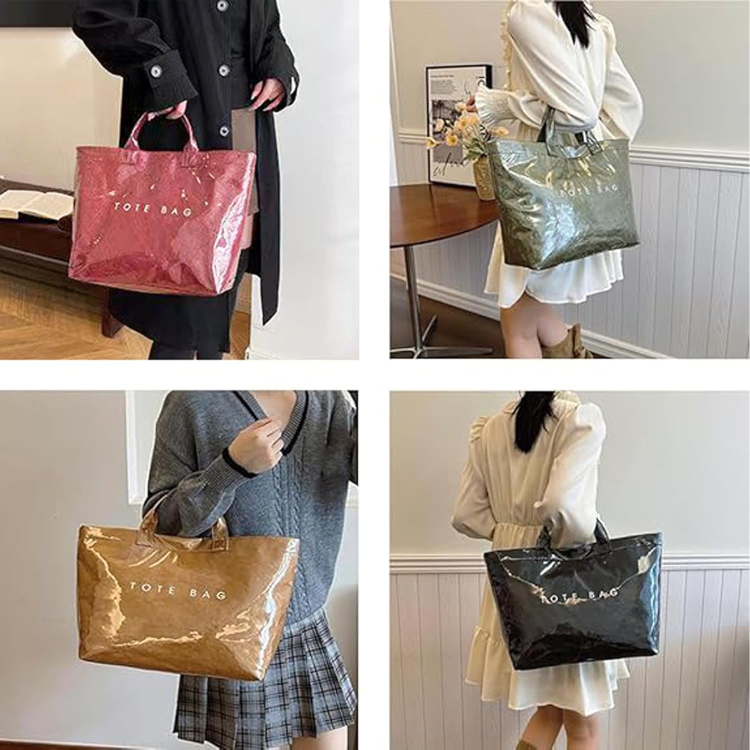 PVC Tote Bag Stellaya Women's Letters Print, Stellaya Fashion Retro PVC Tote Bag, Waterproof Kraft Paper Hobo Handbag - Image 4