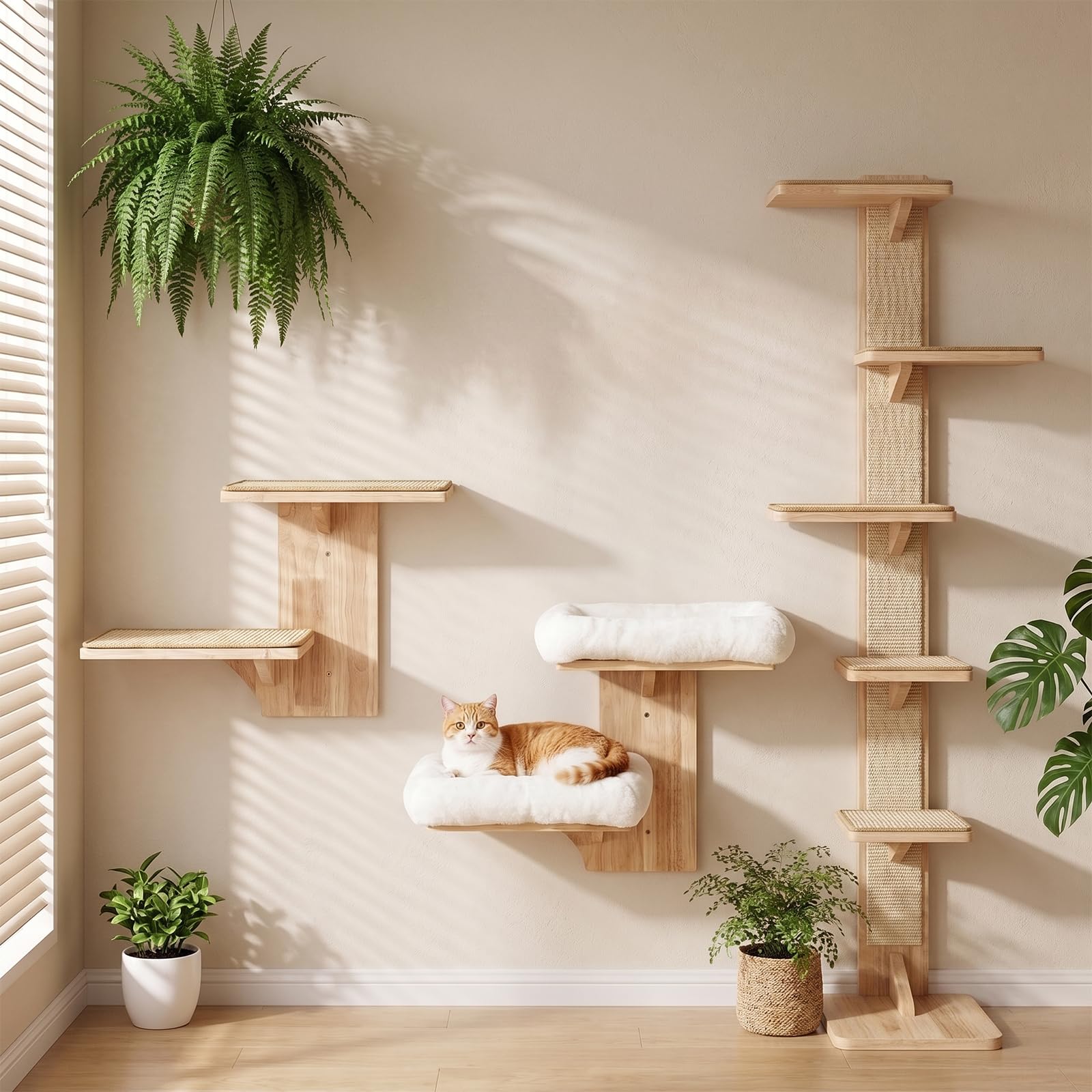 Mur d'escalade pour chat, mur d'escalade pour chat, arbre en caoutchouc massif avec tapis en sisal ergonomique, montage mural stable, arbre à chat étagère murale pour grimper et jouer