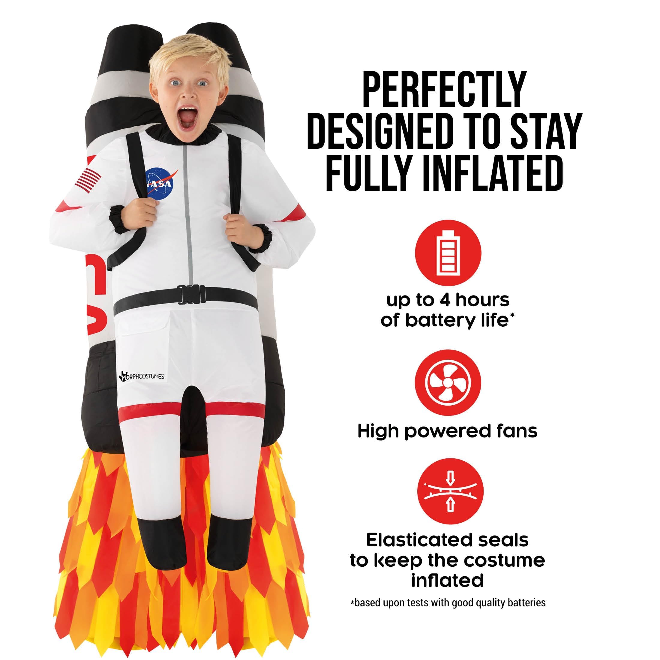Morph Raketen Kostüm Kinder – Astronautenkostüm mit aufblasbarem Jetpack für Karneval, Fasching, Halloween – Rakete Verkleidung Jungen Mädchen – Einheitsgröße