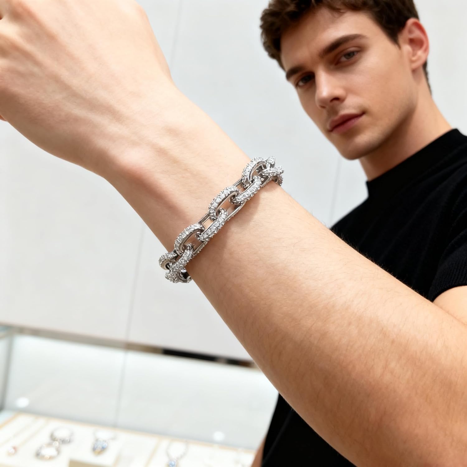 Silver Plated White Cubic Zirconia Pave Bracelet,Bling CZ O-chain Hip Hop Cuban Bracelets Tennis Bracelet for Women Men Jewelry,7.2" - Image 5