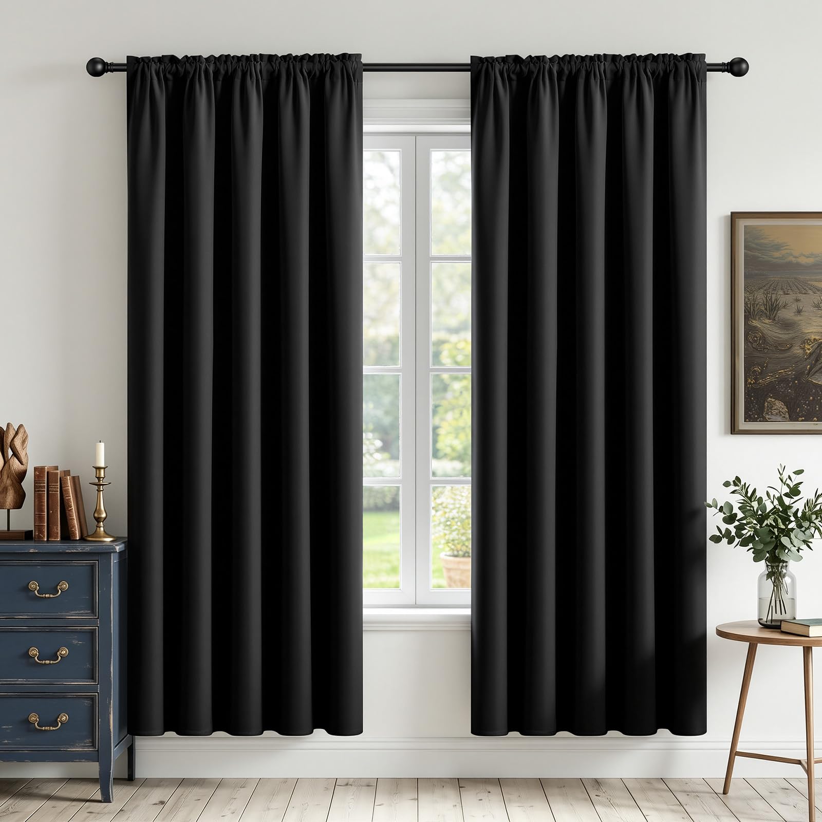 CUCRAF Black Blackout Curtains 63 inch Length 2 Panels Set, Rod Pocket Room Darkening Drapes for Bedroom Living Room, Insulated Thermal Light Blocking Window Curtain (W52 x L63 Inch)