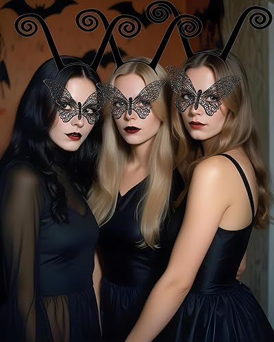 Miniatura 9 de QLINLEAF Diadema de antena de hormiga, máscara de encaje de mariposa para mujer, Halloween, fiesta de máscaras, cosplay, accesorios de disfraz