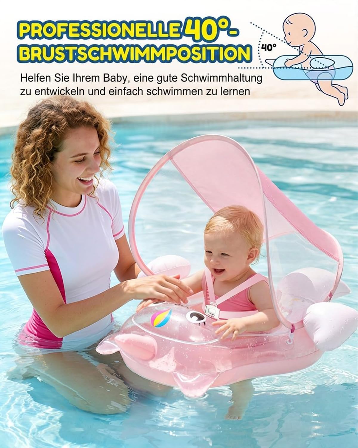 Schwimmring Baby, Baby Schwimmring mit UPF50+ Sonnendachm Abnehmbaren, Verstellbarer Sicherheitssitz, Schwimmhilfe Kinder, Anti-Umkippen Aufblasbare Schwimmreifen für ab 3-36 Monate