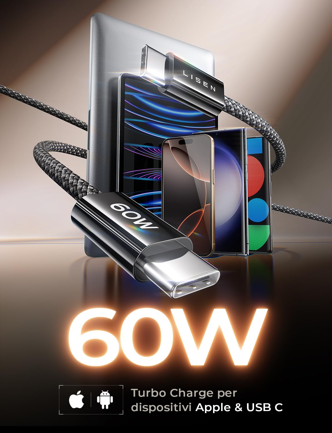LISEN Cavo USB Type-C Ricarica Rapida, 60W Cavo USB C, 4 Pezzi [0.5m+1m+1m+2m] Cavo iPhone 16 15 USB C，Cavo USB C to USB C, Cavo Type C to Type C per Cavo iPhone/Samsung/HUAWEI/OPPO/Xiaomi
