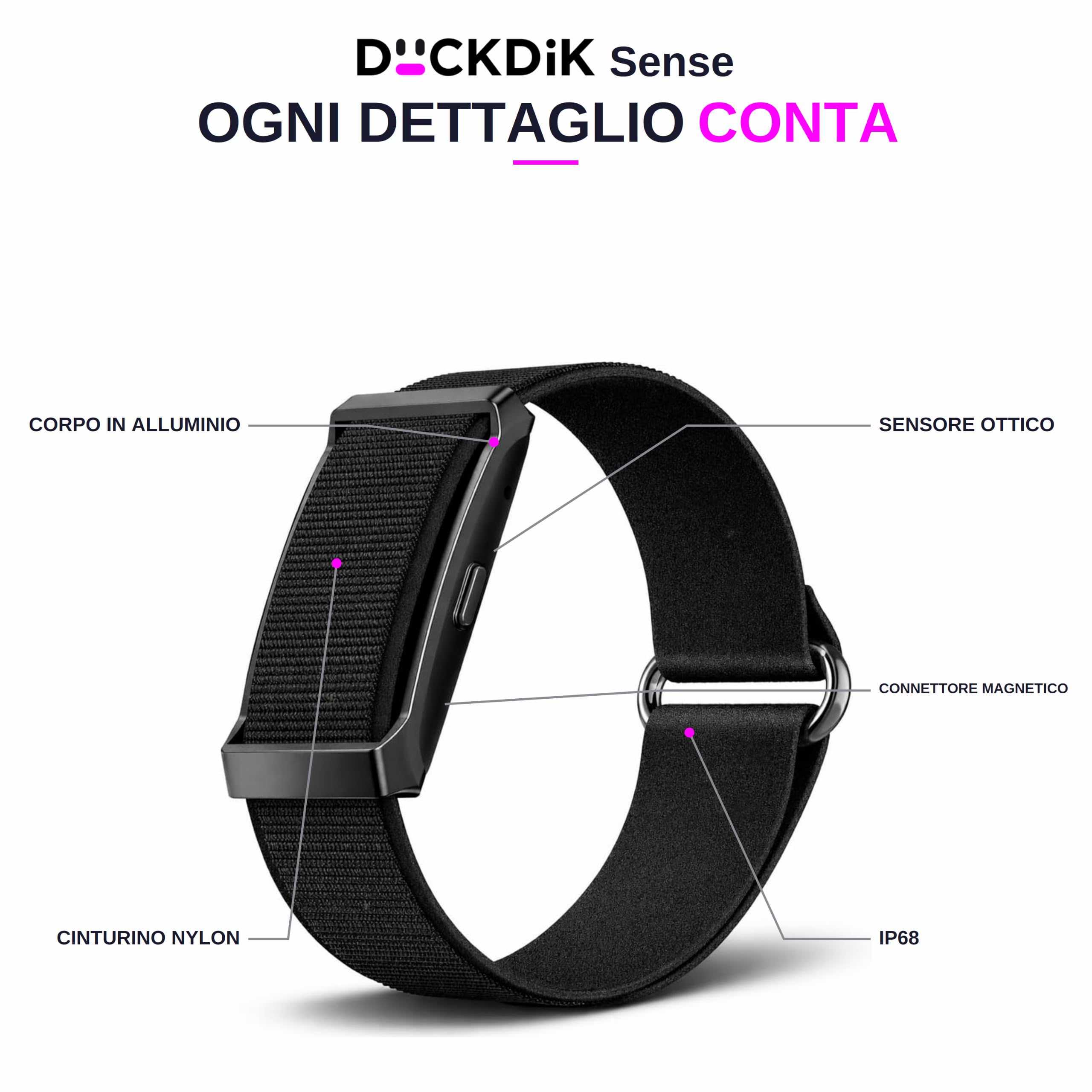 Sense Smart Band senza Display Uomo Donna, Progettata in Spagna, Coach IA, Monitor Sonno Energia Recupero, Frequenza Cardiaca 24/7 HRV SpO₂, IP68, +45 Giorni, Senza Abbonamento, Nero