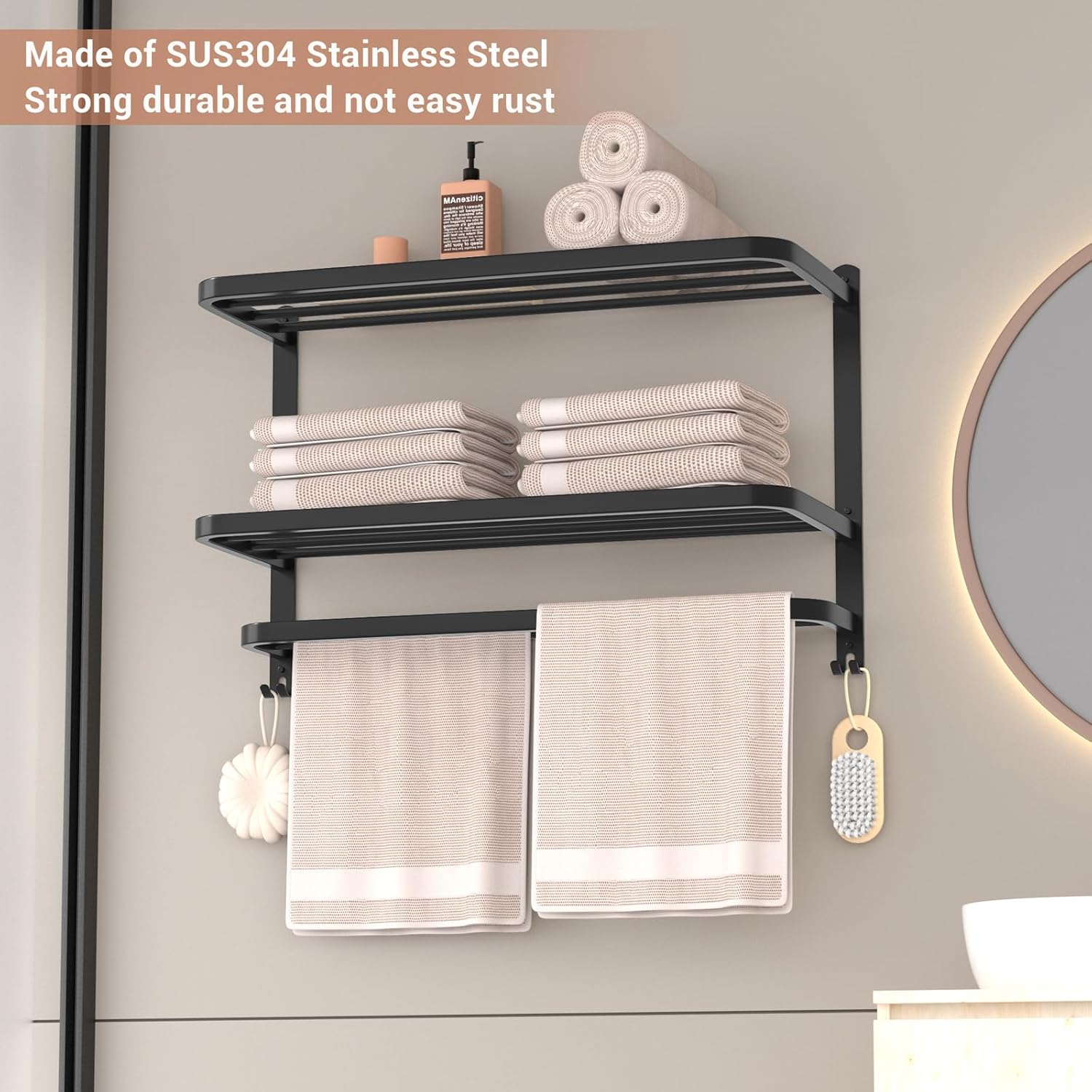 DDS-DUDES 23 Inch 3-Tier Black Towel Racks for Bathroom with Towel Bars Multilayer Hotel Towel Shelf Stainless Steel Wall-Mounted Matte Finished Holder with Towel Shelves