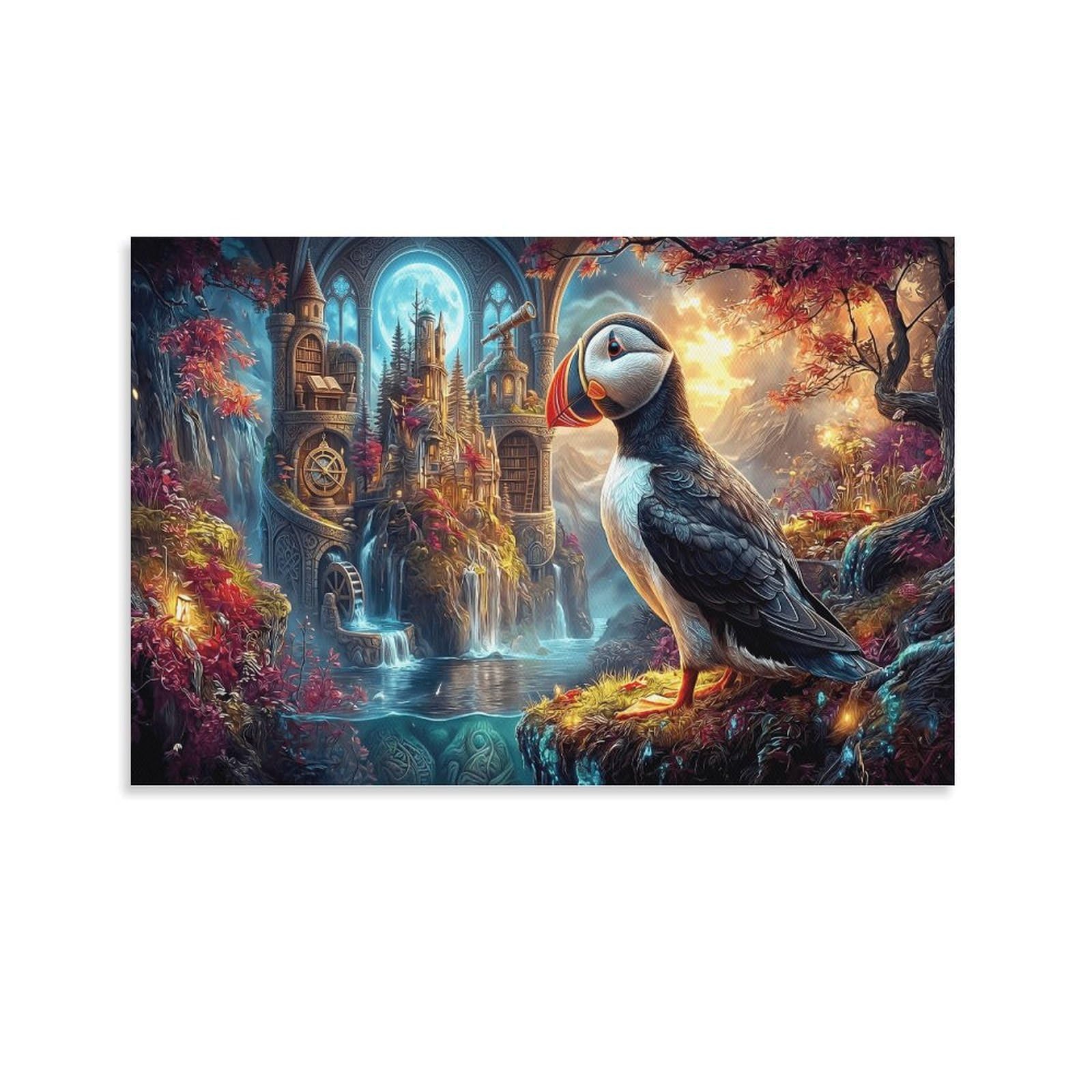 XPASHIQWC Puffin Poster Artwork Star-Moon Castle Giclee Canvas Prints Modern Canvas Wall Art Picture Wall Hanging for Bathroom Wall Decor 16x24inch(40x60cm)