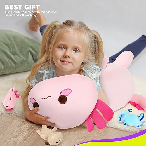 Miniatura 7 de Onsoyours Axolotl - Animal de peluche de 19.7 pulgadas con 3 peluches de axolote en la barriga, 4 piezas de lindos juguetes de almohada de ajolote