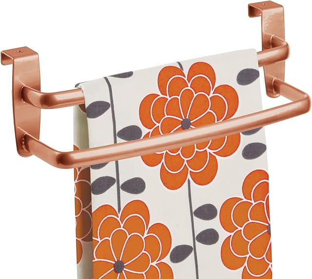 mDesign Tea-Towel Holder Over Door Towel Rail with No Drilling Required Kitchen Towel Holder with 2 Bars Ideal for Kitchens & Bathrooms Copper