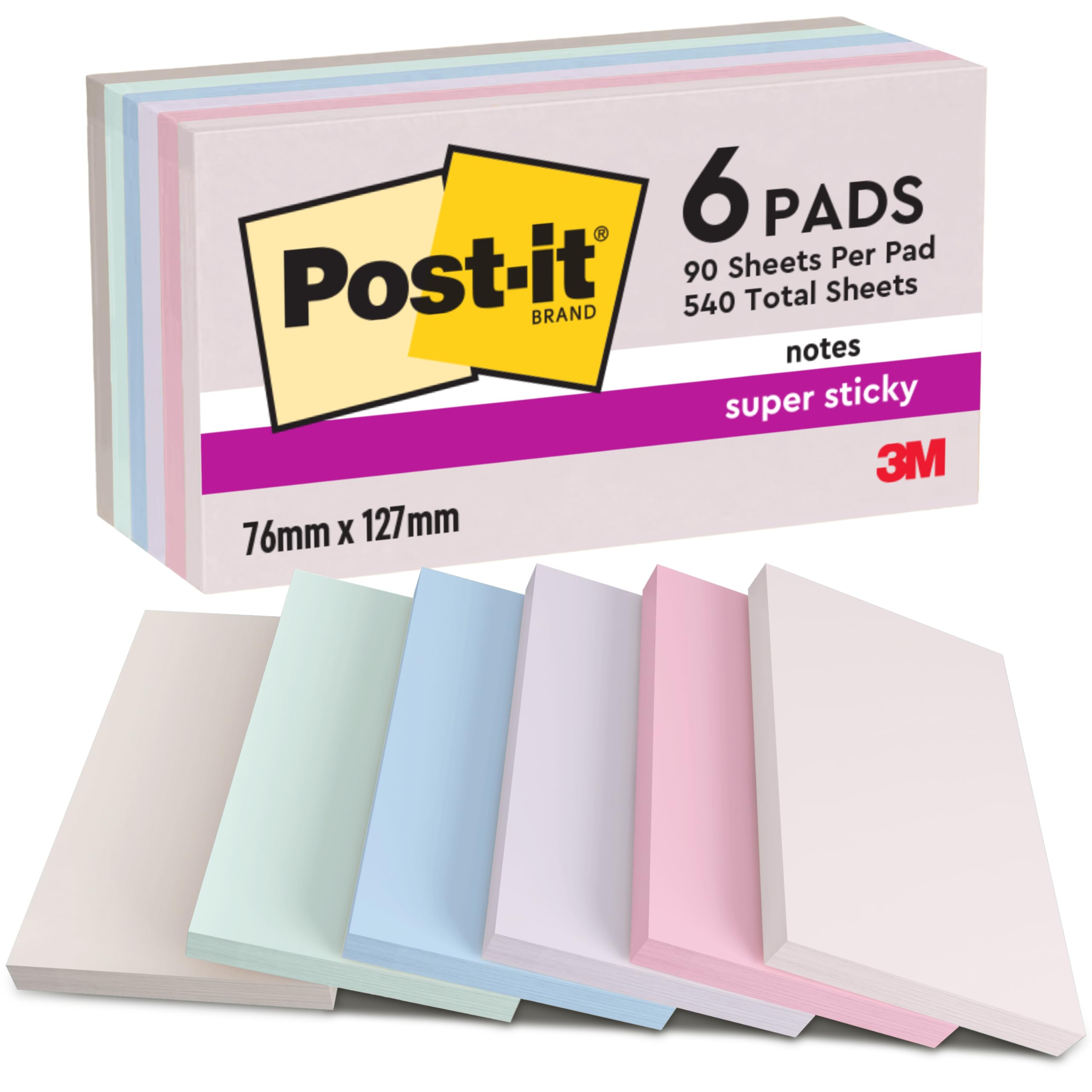 Super Sticky Notes Soulful Color Collection, Pack of 6 Pads, 90 Sheets per Pad, 76 mm x 127 mm, Pink, Purple, Green, Grey, Blue - Extra Sticky Notes for Note Taking, to Do Lists & Reminders