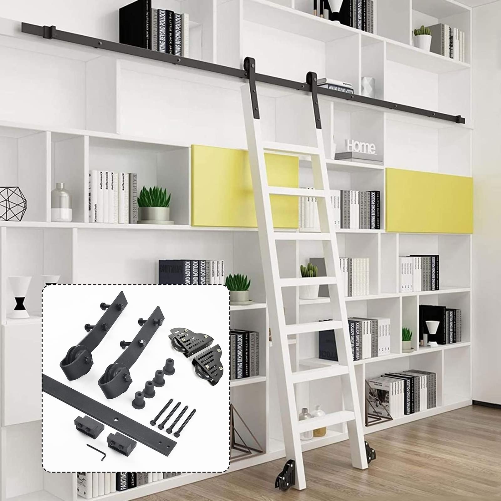 Zestaw do drzwi przesuwnych do stodoły Biblioteka sprzętu do drabiny na kółkach o długości 5 stóp-13 stóp Zestaw sprzętu do drabiny przesuwnej z rolkami podłogowymi (bez drabiny) Ruchomy tor drabinowy
