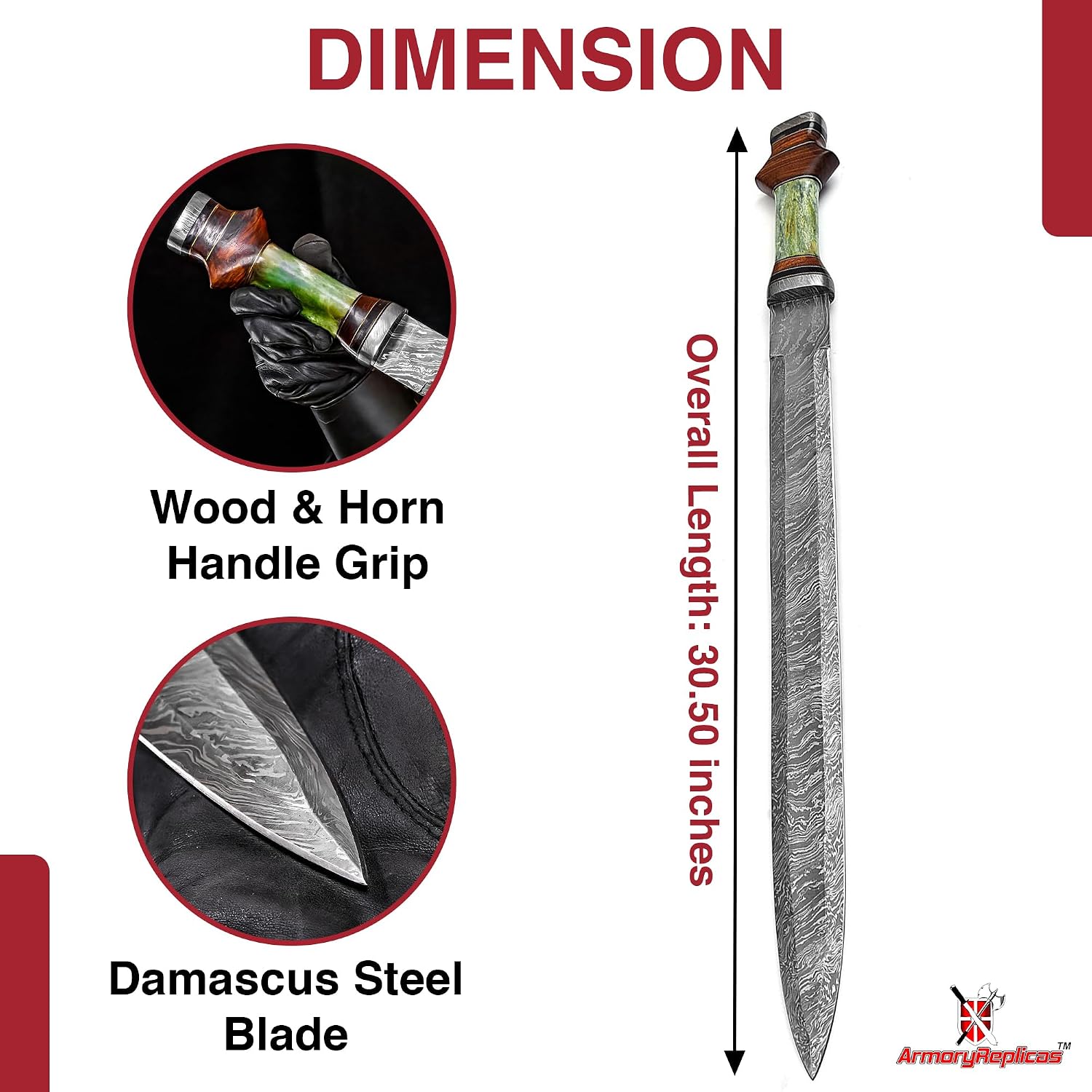 Armory Replicas™ Damascus Xiphos & Gladiator Spatha Swords – Full Tang, Premium Handles, Leather Sheaths